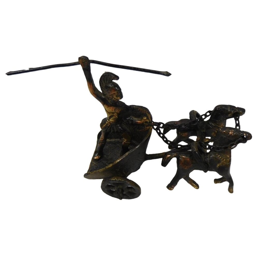 Vintage Brass/Bronze Roman Soldler Horse & Chariot 6" x 4" Figurine